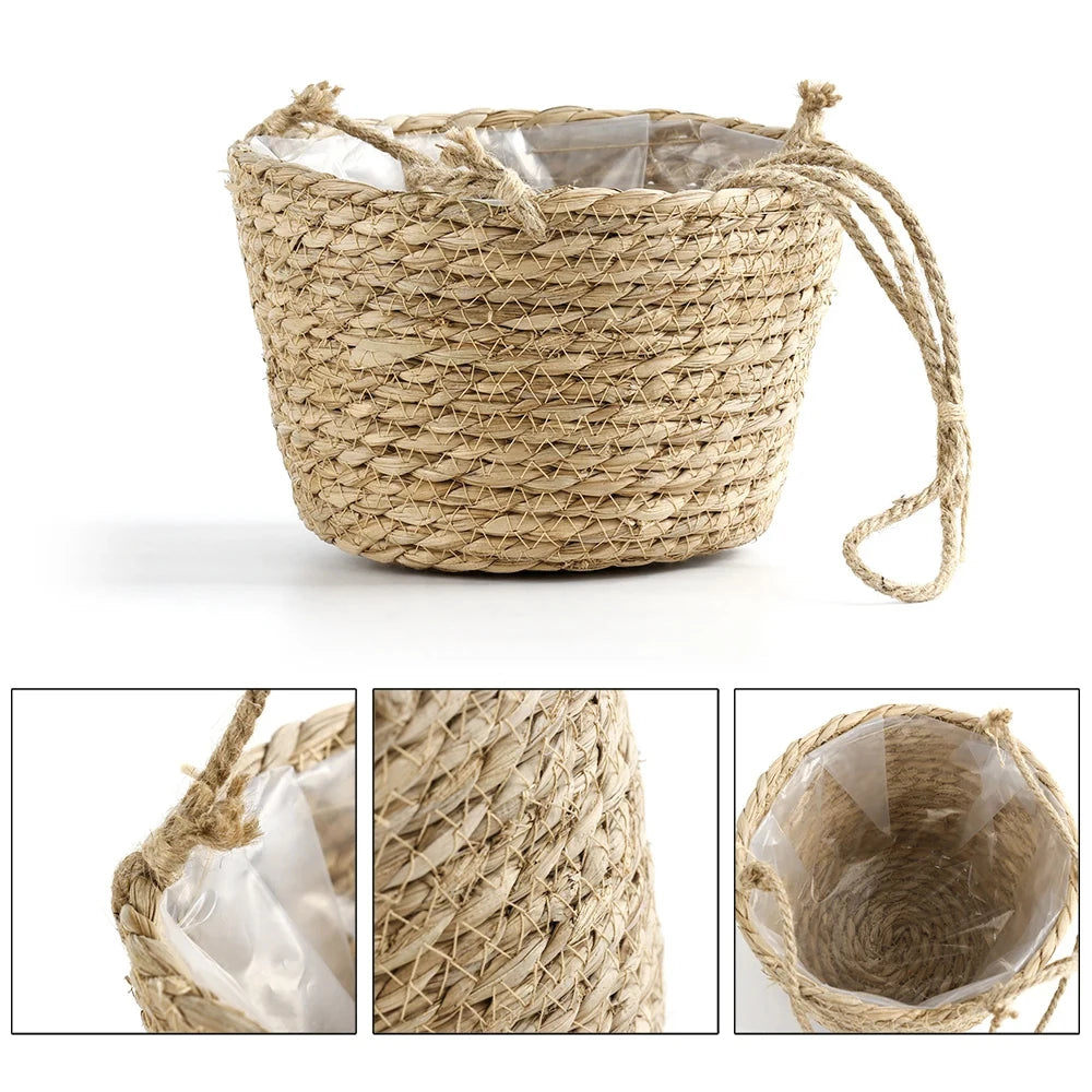 Straw Hanging Basket Flower Planter | Handwoven Twine Woven Plant Basket for Indoor & Outdoor Home Decor