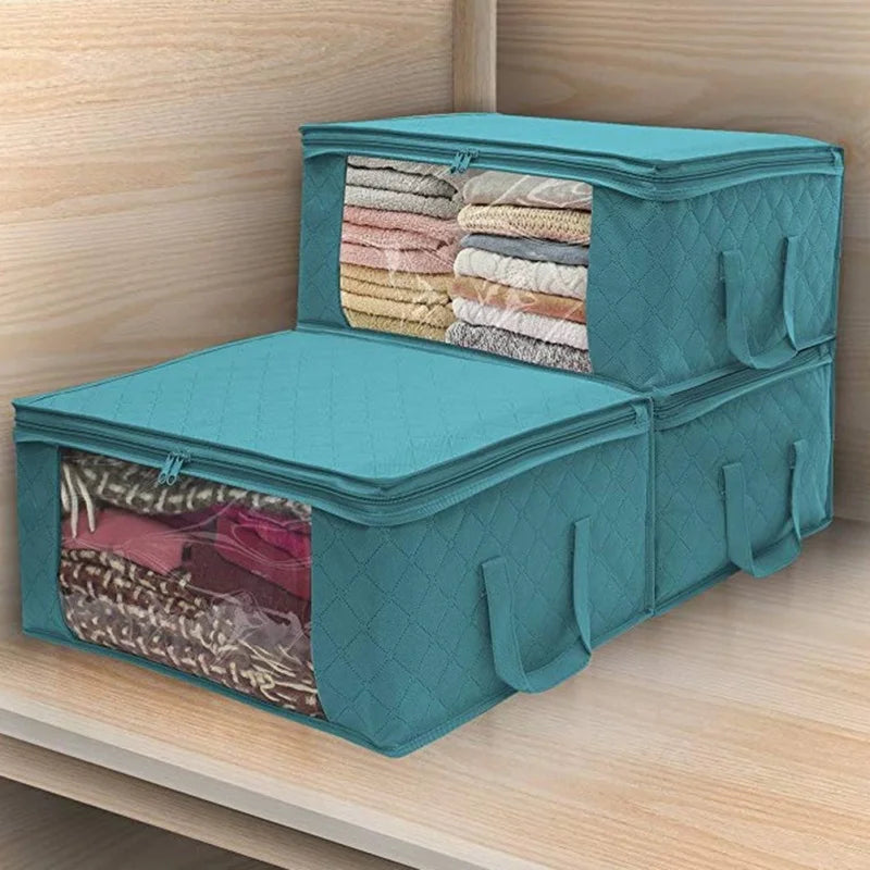 Large Foldable Storage Bin with Clear Window | Stackable Clothing & Blanket Organizer with Handles | Closet & Under Bed Storage