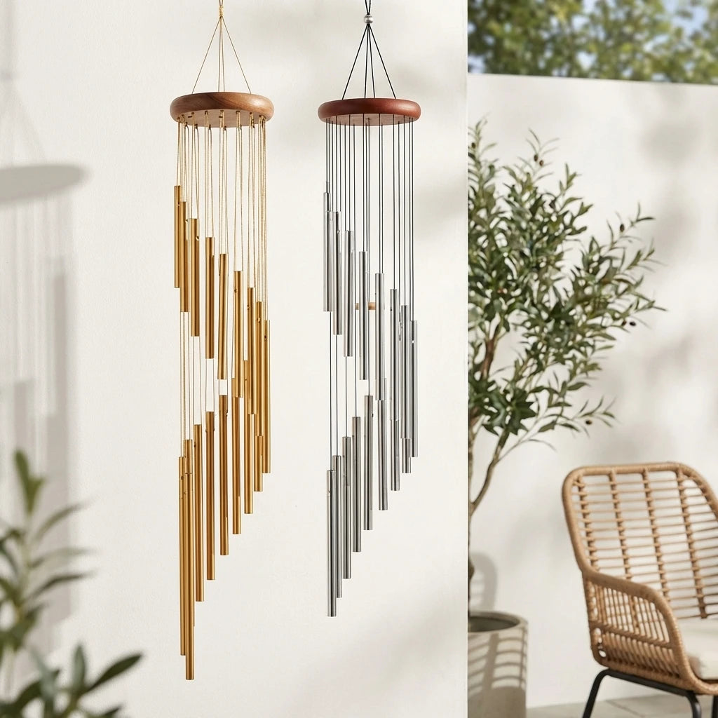 12-Tube Aluminum Wind Chimes | Outdoor Hanging Wind Chime Decor with Hook | Gold & Silver Garden Decoration