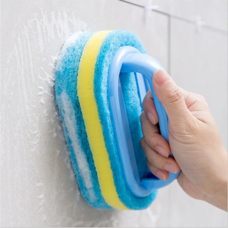 Household Cleaning Brush with Handle | Thick Sponge Scrub Brush for Kitchen & Bathroom | Bathtub Sink Floor & Wall Cleaning Tool | Reusable Scouring Brush
