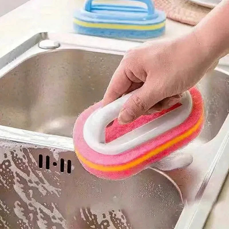 Household Cleaning Brush with Handle | Thick Sponge Scrub Brush for Kitchen & Bathroom | Bathtub Sink Floor & Wall Cleaning Tool | Reusable Scouring Brush