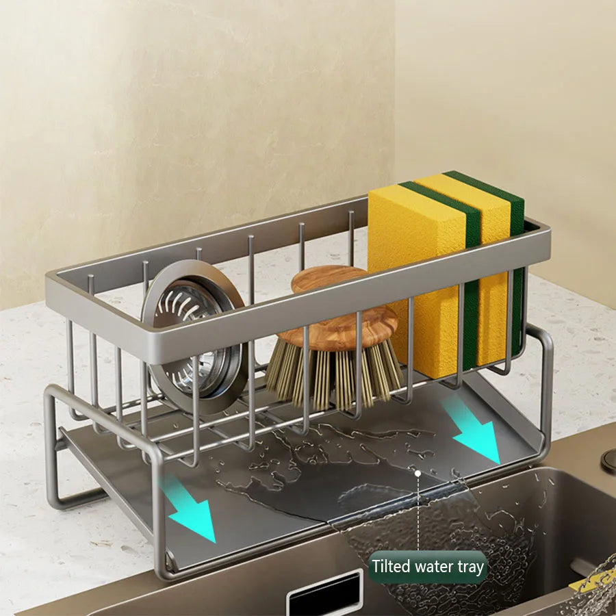 Kitchen Sink Organizer Rack | Carbon Steel Sponge Holder with Drain Tray | Countertop Kitchen Sink Caddy for Brushes & Soap Storage