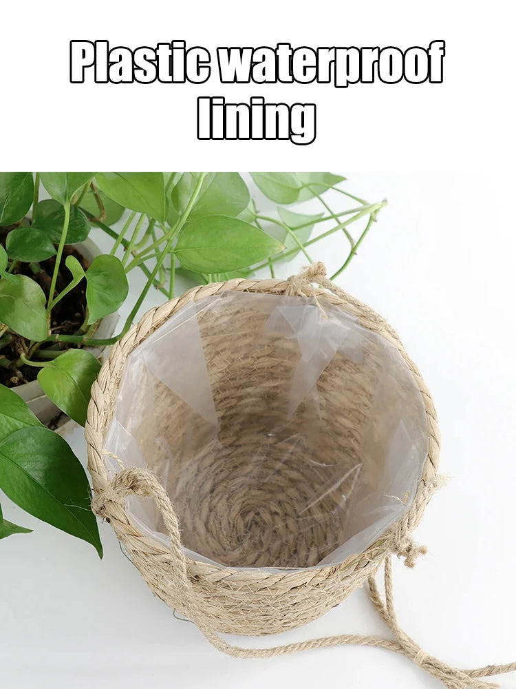 Straw Hanging Basket Flower Planter | Handwoven Twine Woven Plant Basket for Indoor & Outdoor Home Decor
