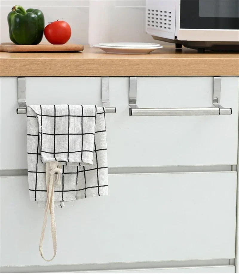 Stainless Steel Over Cabinet Towel Bar | Punch-Free Kitchen & Bathroom Door Towel Holder | Hanging Organizer Rack