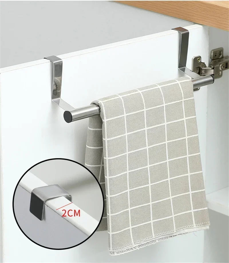 Stainless Steel Over Cabinet Towel Bar | Punch-Free Kitchen & Bathroom Door Towel Holder | Hanging Organizer Rack