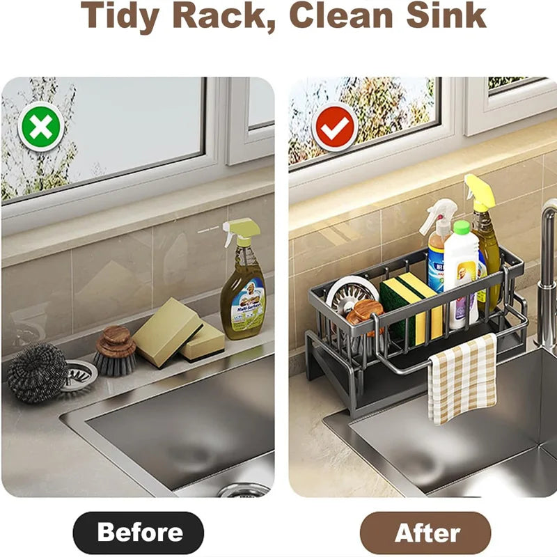 Kitchen Sink Organizer Rack | Carbon Steel Sponge Holder with Drain Tray | Countertop Kitchen Sink Caddy for Brushes & Soap Storage