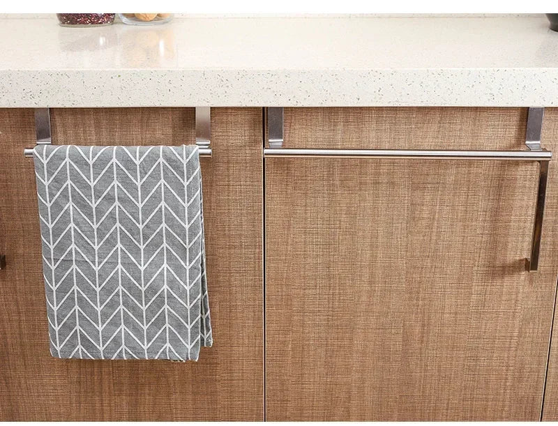 Stainless Steel Over Cabinet Towel Bar | Punch-Free Kitchen & Bathroom Door Towel Holder | Hanging Organizer Rack