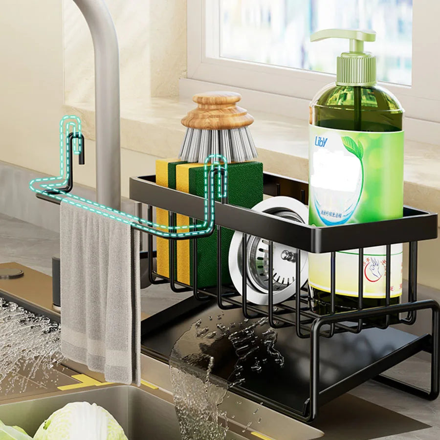 Kitchen Sink Organizer Rack | Carbon Steel Sponge Holder with Drain Tray | Countertop Kitchen Sink Caddy for Brushes & Soap Storage