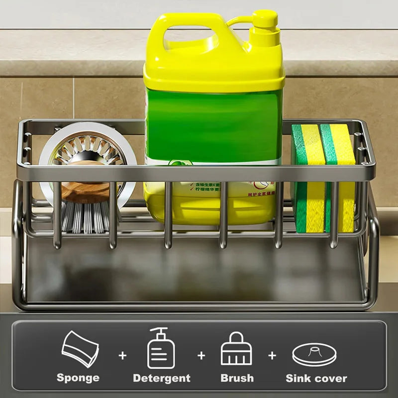 Kitchen Sink Organizer Rack | Carbon Steel Sponge Holder with Drain Tray | Countertop Kitchen Sink Caddy for Brushes & Soap Storage