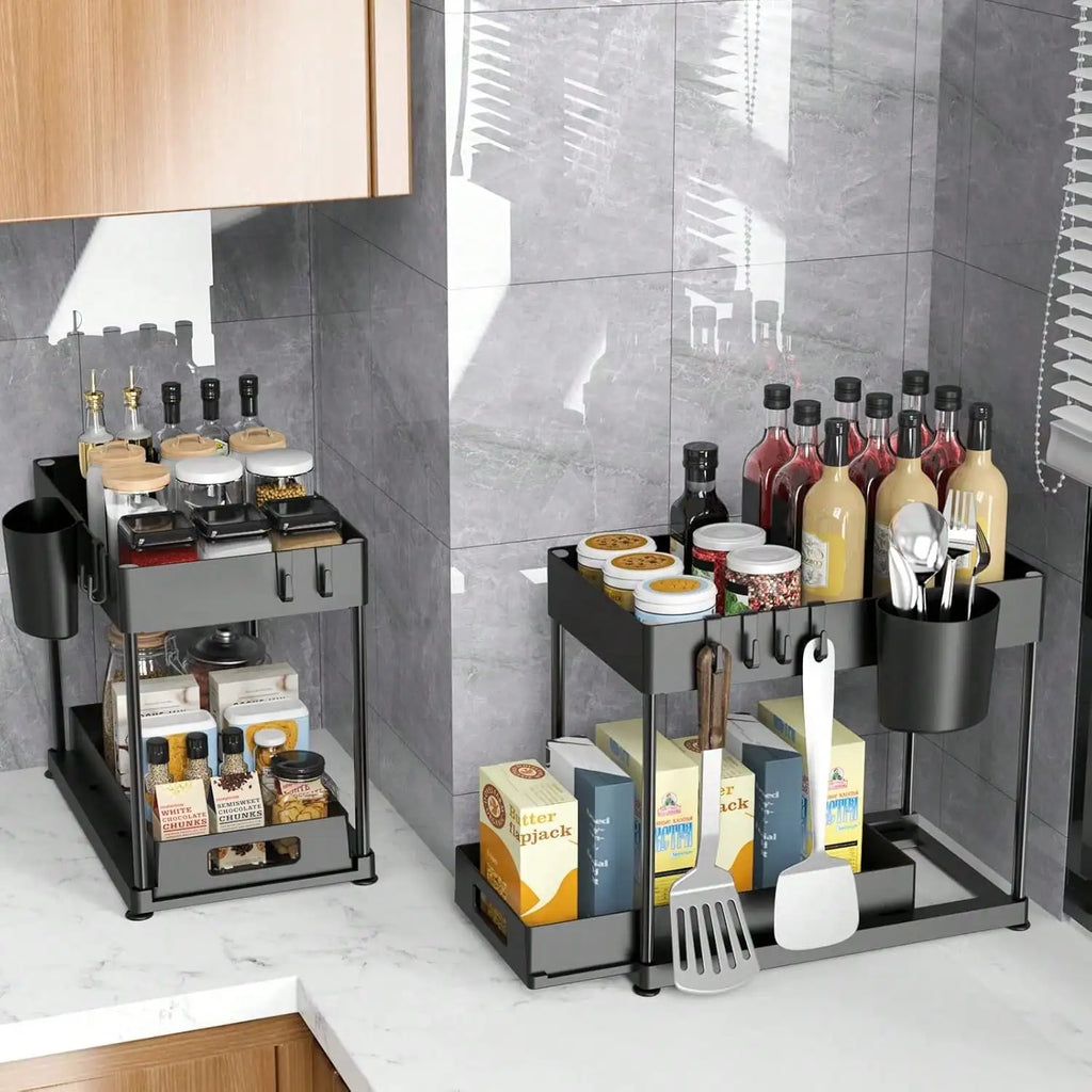Pull-Out Under Sink Organizer | Heavy-Duty Sliding Storage Shelf for Kitchen & Bathroom | Large Capacity Cabinet Organizer 2PCS Set