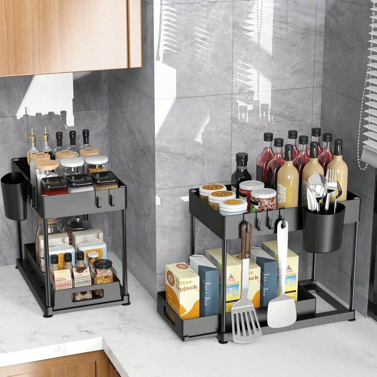 Pull-Out Under Sink Organizer | Heavy-Duty Sliding Storage Shelf for Kitchen & Bathroom | Large Capacity Cabinet Organizer 2PCS Set