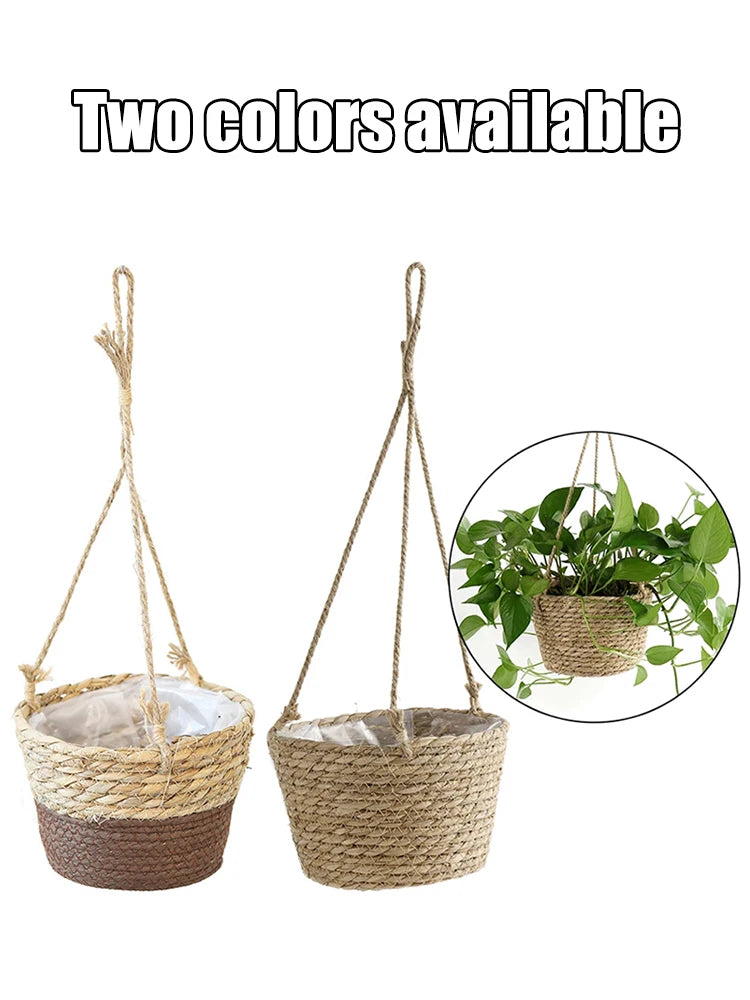 Straw Hanging Basket Flower Planter | Handwoven Twine Woven Plant Basket for Indoor & Outdoor Home Decor