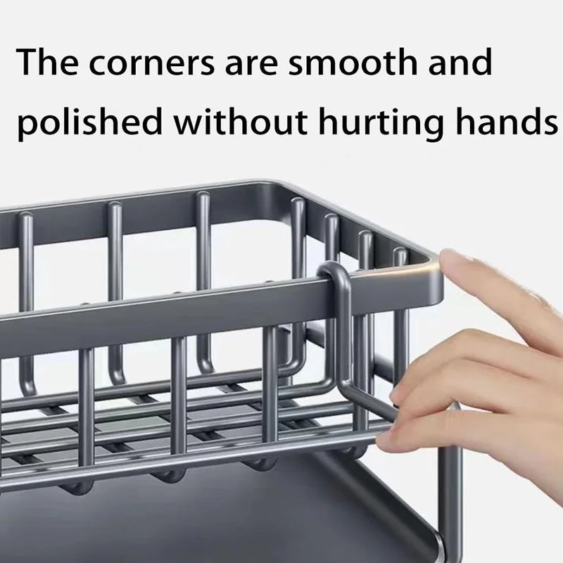Kitchen Sink Organizer Rack | Carbon Steel Sponge Holder with Drain Tray | Countertop Kitchen Sink Caddy for Brushes & Soap Storage